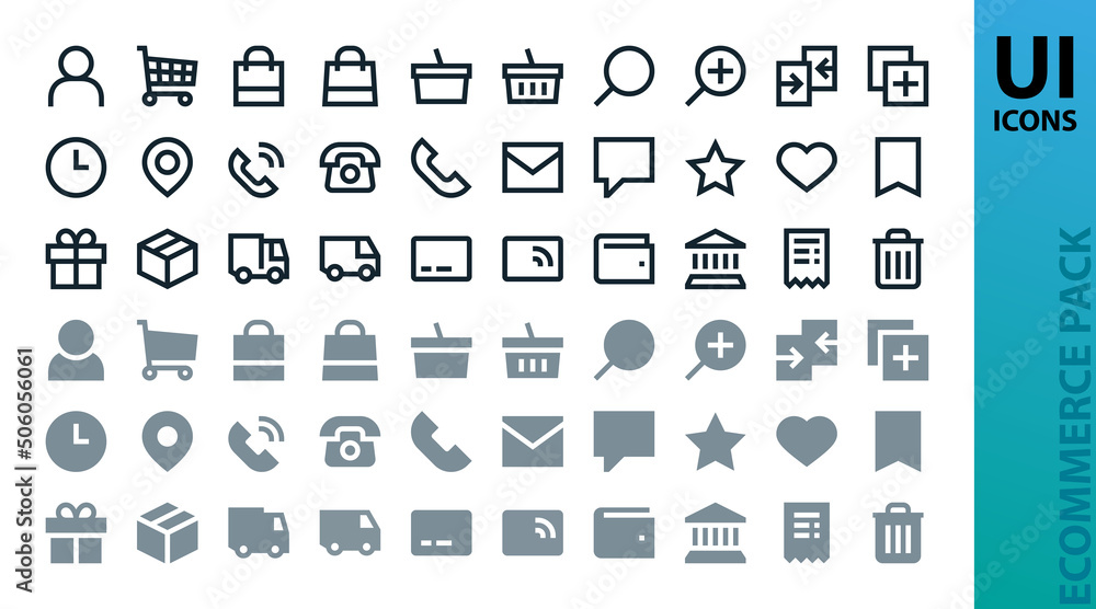 Aufkleber ecommerce web ui icons set. outline and solid shopping icons pack for online store and e-commerce. m