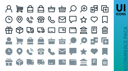 Ecommerce web UI icons set. Outline and solid shopping icons pack for online store and e-commerce. Minimal UI Kit.