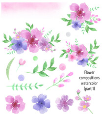 Pink, blue and purple watercolor flowers set. Floral Bouquet, wreath, flower compositions. Wildflowers. Elegant floral elements in pastel color. Cute pastel plants.