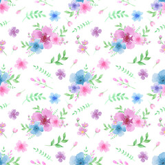 Pink, blue and purple watercolor flowers seamless pattern. Floral Bouquet, print, flower compositions. Wildflowers. Elegant floral elements in pastel color. Cute pastel plants background