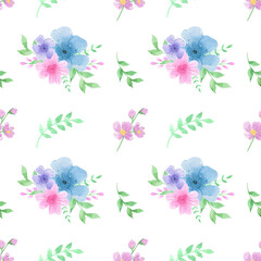 Fototapeta na wymiar Pink, blue and purple watercolor flowers seamless pattern. Floral Bouquet, print, flower compositions. Wildflowers. Elegant floral elements in pastel color. Cute pastel plants background