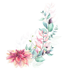 Fototapeta na wymiar Watercolor arrangement with blue, green, turquoise, violet, pink dahlia flowers, branches, leaves, eucalyptus twigs.