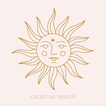 Celestial Sun with Face hand drawn illustration