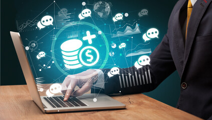 Business hand working on laptop, successful business concept