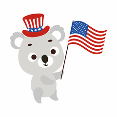 Cute little koala holding flag of United States in patriotic hat. Cartoon animal character for kids t-shirt, decoration, baby shower, greeting card, house interior. Vector stock illustration