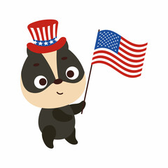 Cute little badger holding flag of United States in patriotic hat. Cartoon animal character for kids t-shirt, decoration, baby shower, greeting card, house interior. Vector stock illustration