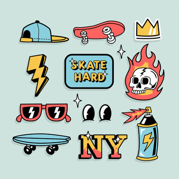Skateboarding badges, stickers. Vector illustrations of eyes, a sign, a skull, a hat, shoes, sunglasses, lightning, spray paint and a skateboard.