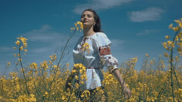 Ukrainian woman in ethnic dress in the field