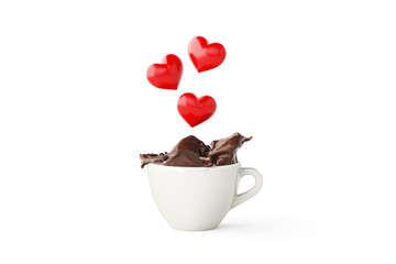 ceramic white cup mug sweet cocoa coffee dark chocolate heart 3d raise float love making homemade red reflective splash liquid hot. valentine and drink. Isolated with clipping path. 3D Illustration.