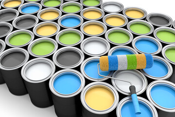 Set of open metal can or buckets of paint in row pattern on white background.