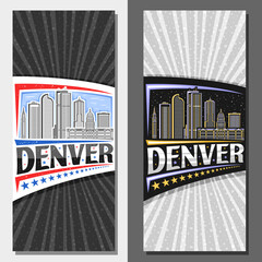 Vector vertical layouts for Denver, decorative invitations with outline illustration of denver city scape on day and dusk sky background, art design tourist card with unique lettering for word denver - obrazy, fototapety, plakaty