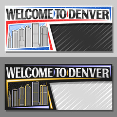 Vector layouts for Denver with copy space, decorative voucher with illustration of american denver city scape on day and dusk sky background, art design tourist coupon with words welcome to denver