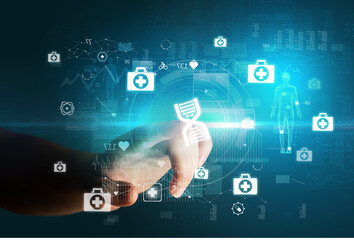 Doctor hand pressing futuristic health device with medical symbol on screen