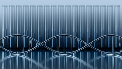 Dna structure interior body human strong glass clear crystal test tube laboratory connection background transparent reflective metal surface liquid inside. Medical science concept. 3D Illustration.