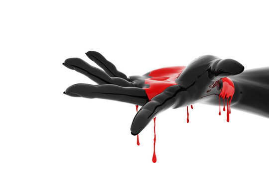 Black glossy shiny 3d hand stained dripping blood red on white background. safety first danger injury of murder concept crime and racism. Isolated object with clipping path. 3D Illustration.