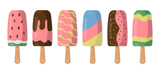 A set of multi-colored ice cream on a wooden stick in flat style. Vector image.