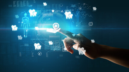 Doctor hand pressing futuristic health device with medical symbol on screen