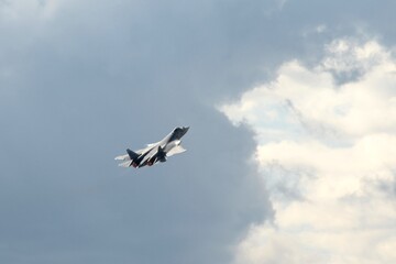 The Russian multi-purpose fighter of the fifth generation Su-57 at the International Aviation and Space Salon MAKS-2021 in Zhukovsky, Russia
