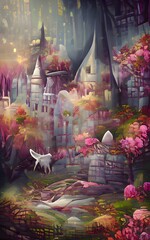 Mystical and magical background. Forest scenery with stone stairs, rocks and castle. Portrait illustration.