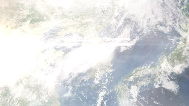 Earth zoom in from outer space to city. Zooming on Gunpo, Gyeonggi-do, South Korea. The animation continues by zoom out through clouds and atmosphere into space. Images from NASA