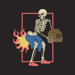 Retro illustration of skeleton with burning pants
