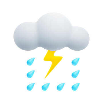 3D Cartoon Weather Icon of Downpour and Thunderstorm. Sign of Cloud, Raindrops and Lightning Isolated on White Background. Vector Illustration of 3d Render.