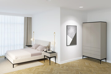 Fototapeta na wymiar Bright bedroom with a backlit vertical poster on a white wall next to a beige wardrobe, sconces and bedside tables on the sides of a bright modern bed by the window with beige curtains. 3d render