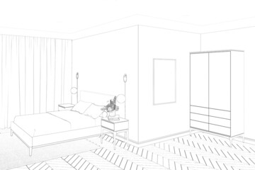 A sketch of the bedroom with a vertical poster on a wall next to a wardrobe, sconces and bedside tables on the sides of a modern bed by the window with curtains. 3d render