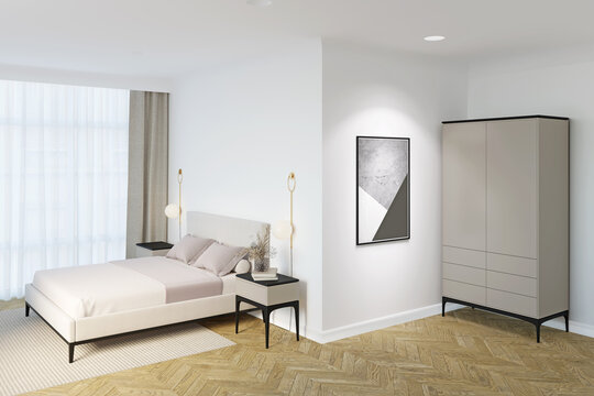 Bright bedroom with a backlit vertical poster on a white wall next to a beige wardrobe, sconces and bedside tables on the sides of a bright modern bed by the window with beige curtains. 3d render