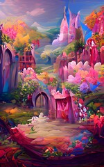 Mystical and magical background. Forest scenery with stone stairs, rocks and castle. Portrait illustration.