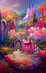 Fotobehang Mystical and magical background. Forest scenery with stone stairs, rocks and castle. Portrait illustration. © Tovin