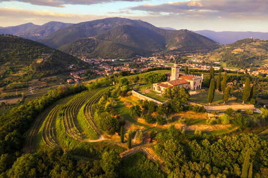 Aerial view of the Franciacorta countryside, Lombardy, Italy