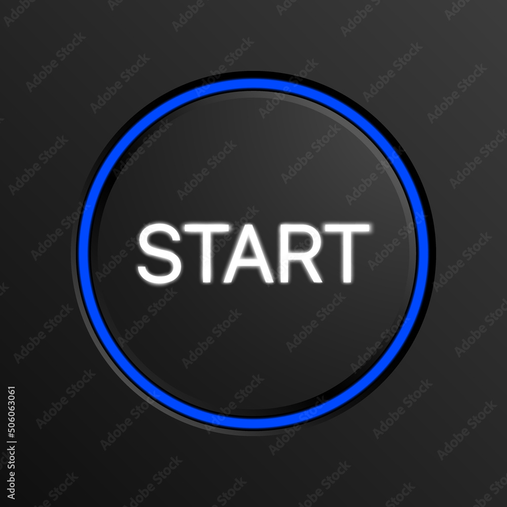 Poster start button with a blue circle isolated on a black background. stylish start button vector design.