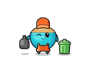 the mascot of cute cereal bowl as garbage collector