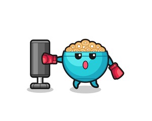 cereal bowl boxer cartoon doing training with punching bag