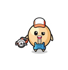 the woodworker soy bean mascot holding a circular saw