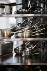 frying pans in a stack on a shelf 