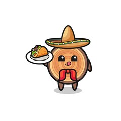 wood grain Mexican chef mascot holding a taco