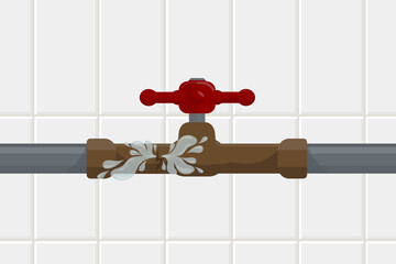 water valve on a pipe with a hole broke through the water