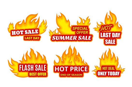 Collection hot sale burning fire flame sticker template with place for text vector flat illustration