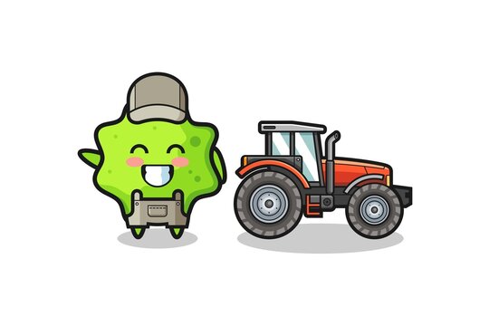 the splat farmer mascot standing beside a tractor