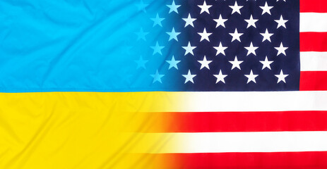 Ukrainian and US flags as background.