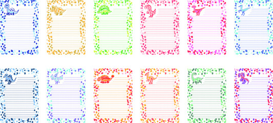Set of 12 finished ruler pages for a notebook or notepad. Decorated with hand drawn dinosaur and confetti. © Ирина Никифорова