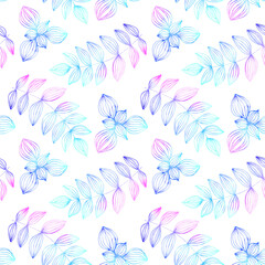 Plakat Clear and soft silhouette pattern leaves and flowers watercolor pastel seamless texture.