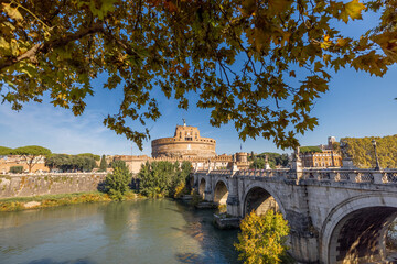 Landscape of Tiber river and Castle of the Holy Angel in Rome on sunny autumn day. Traveling Italy...