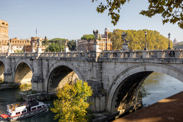 Landscape of Tiber river and Castle of the Holy Angel in Rome. Traveling Italy concept. Idea of...
