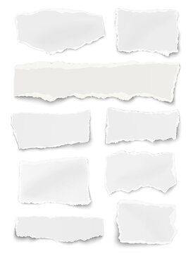 Set of paper different shapes ripped scraps fragments wisps isolated on white background. Paper collage illustration.