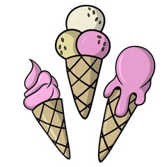 A set of delicious fruit ice cream in cartoon style, vector illustration isolated