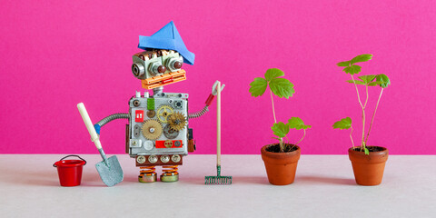 Robot gardener with a shovel, rake and bucket poses near two plants in flower pots. Pink background