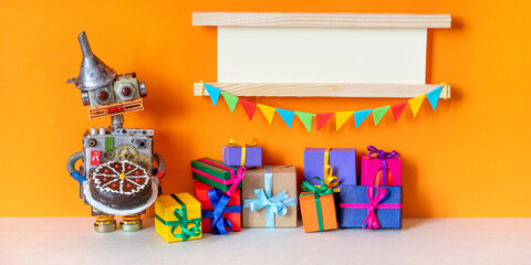 Party or birthday invitation card. Toy robot with a chocolate cake near a heap of gifts. garland of...